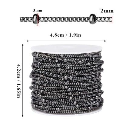 33FT 2mm Gunmetal Black Satellite Curb Chains Roll Bulk for Jewelry Making | 304 Stainless Steel Ball Beaded Twisted Link Satellite Chain Spool for DIY Craft - color: Black Small Beads Satellite Curb Chain
