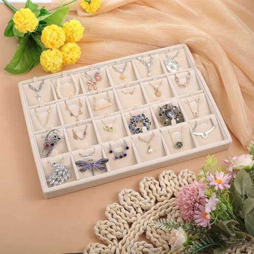 24 Grids Stackable Jewelry Tray Organizer with Removable Dividers, Velvet Jewelry Display Tray for Earrings Necklaces Bracelet Rings Display Showcase - Beige