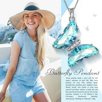 Aurora Tears Butterfly Necklace Earrings Ring Bracelet - Women 925 Sterling Silver Animal Butterflies Birthstone Pendant Crystal Wedding Birthday Jewelry - color: pendant-C.March-light blue