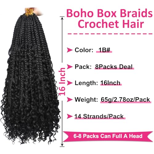 Unionbeauty Boho Box Braids Crochet Hair 16 Inch Black Goddess Box Braids Crochet Hair Curly Ends 8 Packs Bohemian Hippie Box Braids Synthetic Braiding Hair for Black Woman Crochet Box Braids 1B# - color: 1B#, size: 16 Inch (Pack of 8)