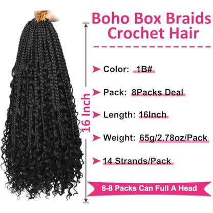 Unionbeauty Boho Box Braids Crochet Hair 16 Inch Black Goddess Box Braids Crochet Hair Curly Ends 8 Packs Bohemian Hippie Box Braids Synthetic Braiding Hair for Black Woman Crochet Box Braids 1B# - color: 1B#, size: 16 Inch (Pack of 8)