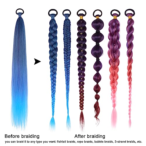 LyoRuSi Blue Gradient Braid Ponytail Extension 26'' Braid Hair Extensions | Ponytail Extension with Hair Tie Straight Sleek Wrap Around Braid Hair Extensions Ponytail Natural Soft Synthetic Hairpiece - color: Blue gradient#（Black/Blue/Light Blue）, size: 2