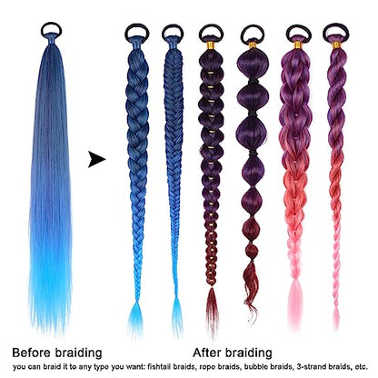 LyoRuSi Blue Gradient Braid Ponytail Extension 26'' Braid Hair Extensions | Ponytail Extension with Hair Tie Straight Sleek Wrap Around Braid Hair Extensions Ponytail Natural Soft Synthetic Hairpiece - color: Blue gradient#（Black/Blue/Light Blue）, size: 2