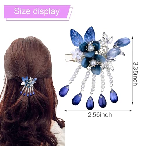 A Pair Wedding Hair Clips, Handmade Floral Design Crystal Hair Clips Pearl Barrettes, Rhinestones Flower Clips Pearl Headpieces Hair Pins Hair Accessories for Women Girls (Blue) - color: Blue