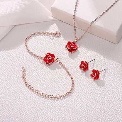 EleQueen Rose Flower Necklace Earrings Bracelet Set for Women - color: 04_Red Necklace+Earrings+Bracelet