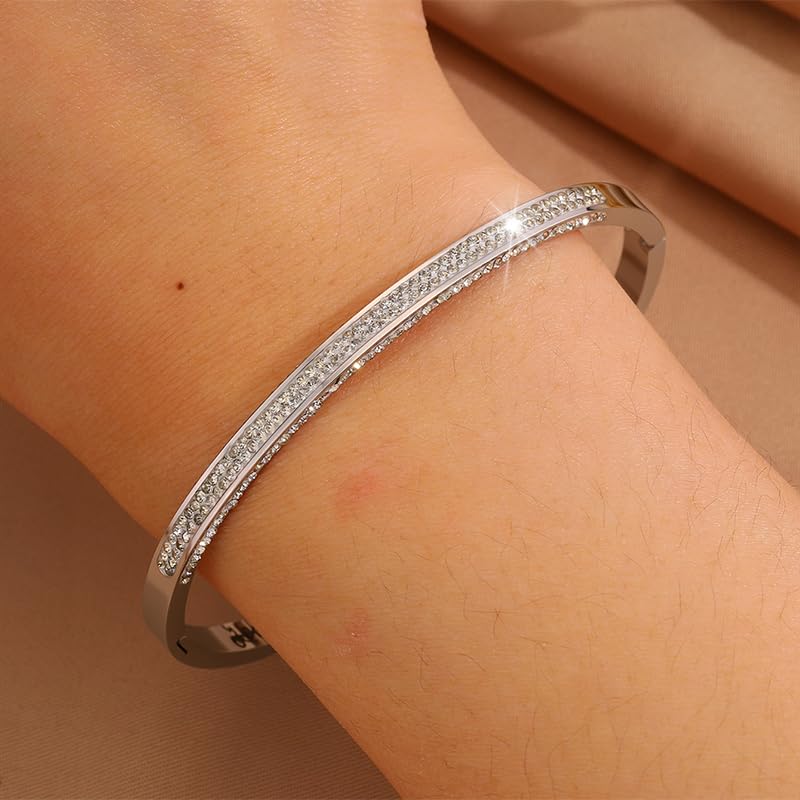 Silver Plated Stainless Steel Bangle Bracelet for Women Triple Row Cuff | Three Row Rhinestone Oval Jewelry with Clear Sparkling Crystals; Secure Adjustable Hinged Clasp Stacking Statement Gift