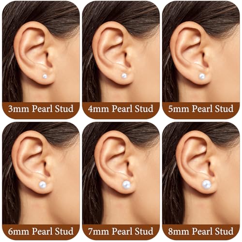 6 Pairs Pearl Earrings Studs, Stainless Steel Studs 3-8mm Pearl Stud for Women Adult Birthday Valentine's Day Women's Jewelry Gifts