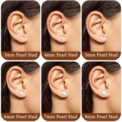6 Pairs Pearl Earrings Studs, Stainless Steel Studs 3-8mm Pearl Stud for Women Adult Birthday Valentine's Day Women's Jewelry Gifts