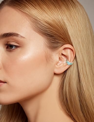 925 Sterling Silver Ear Cuffs Hypoallergenic Molten Texture Green Enamel Non Pierced Clip On Cartilage Wrap Adjustable Minimalist Statement Jewelry for Women