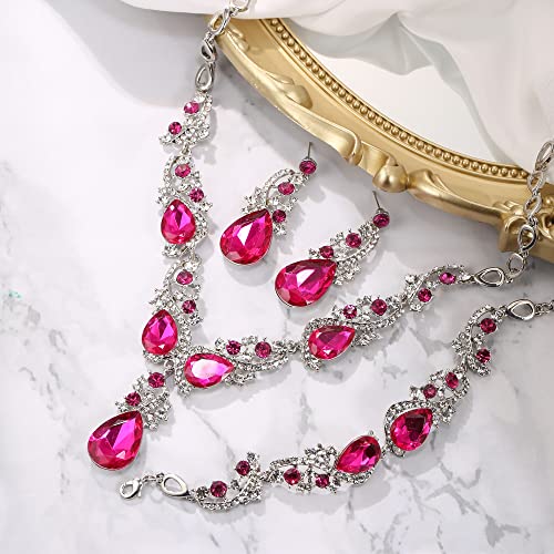 Wedding Bridal Jewelry Set for Women Prom Party Accessories | Shiny Multi Teardrop Cluster Crystal Statement Necklace Dangle Earrings Link Bracelet Set for Bride Bridesmaid - color: Fuchsia Silver-Tone