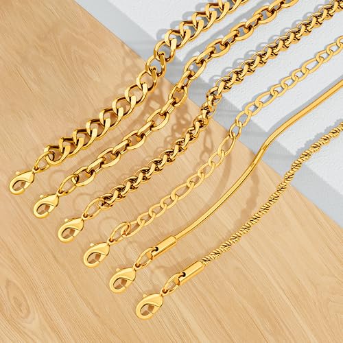 6PCS Stainless Steel Bracelets for Men Women, Silver Gold Black Cuban Link Rope Snake Wheat Chain Paperclip Figaro Jewelry Set, 7/8/9 Inches - color: Gold, size: 9 inches