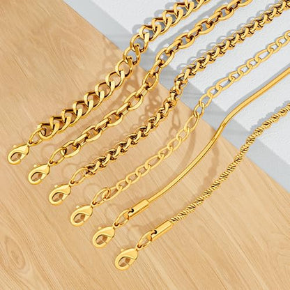 6PCS Stainless Steel Bracelets for Men Women, Silver Gold Black Cuban Link Rope Snake Wheat Chain Paperclip Figaro Jewelry Set, 7/8/9 Inches - color: Gold, size: 9 inches