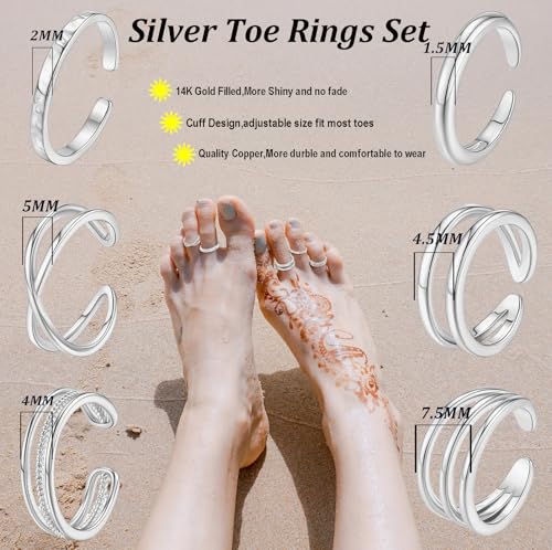SONNYX 14K Gold Silver Toe Ring for Women | Non Tarnish Adjustable Simple Open Band Toe Rings Summer Beach Foot Jewelry for Women - color: Silver 2