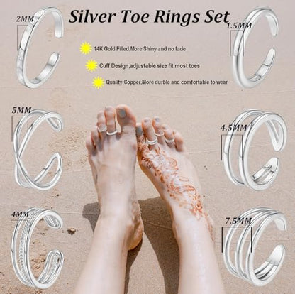 SONNYX 14K Gold Silver Toe Ring for Women | Non Tarnish Adjustable Simple Open Band Toe Rings Summer Beach Foot Jewelry for Women - color: Silver 2