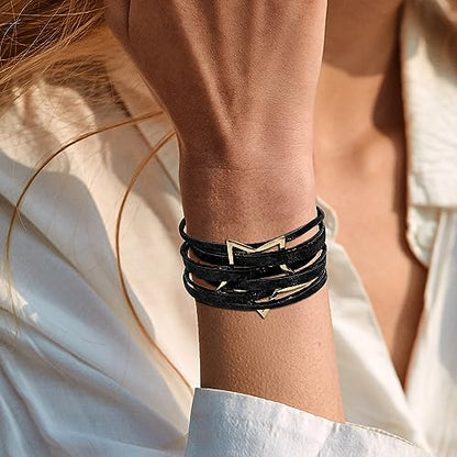 Fesciory Leather Wrap Bracelet for Women, Boho Western Layered Cuff Jewelry | Stackable Bracelets, Easy-On Clasp, Daily Wear, Pairs with Boho Western Outfits, Gift for Women - color: Black