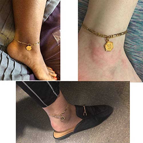 kelistom Initial Ankle Bracelets for Women Men, 18K Gold Plated Figaro Cuban Link Anklet Bracelet for Women Custom Name Gold Anklet with Initials