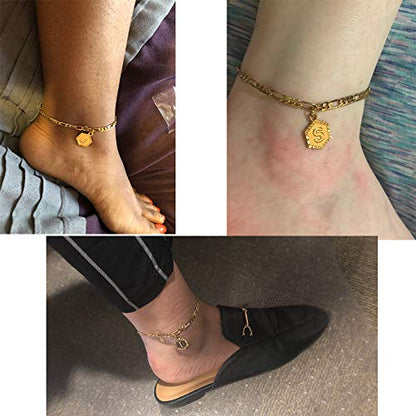 kelistom Initial Ankle Bracelets for Women Men, 18K Gold Plated Figaro Cuban Link Anklet Bracelet for Women Custom Name Gold Anklet with Initials