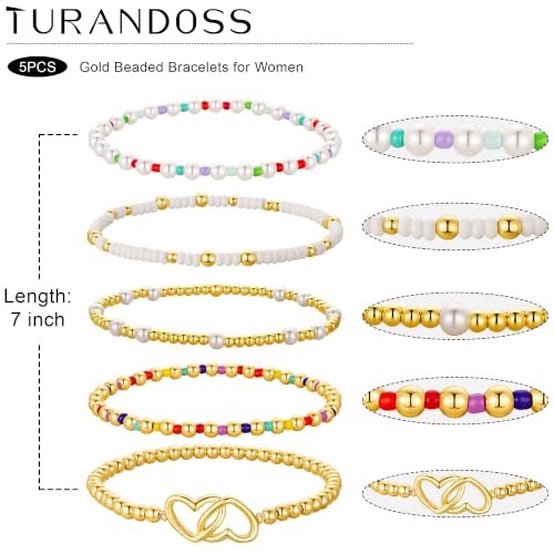Turandoss 5PCS 14K Gold Plated Beaded Stretch Bracelets Set for Women | Stacked Bow Cross Wave Knot Pearl Beads Bracelet Set, Waterproof 7 Inch Stretch Elastic, Summer Jewelry Gifts for Women Girls - color: 5PCS Heart Beaded Bracelets