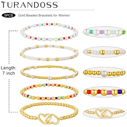 Turandoss 5PCS 14K Gold Plated Beaded Stretch Bracelets Set for Women | Stacked Bow Cross Wave Knot Pearl Beads Bracelet Set, Waterproof 7 Inch Stretch Elastic, Summer Jewelry Gifts for Women Girls - color: 5PCS Heart Beaded Bracelets