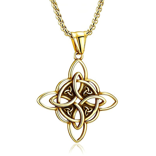 MALOYANVE Celtic Witch Knot Necklace for Men Women Stainless Steel Triquetra Trinity Pendant Irish Celtic Knot Amulet Good Luck Protection Jewelry - color: Gold