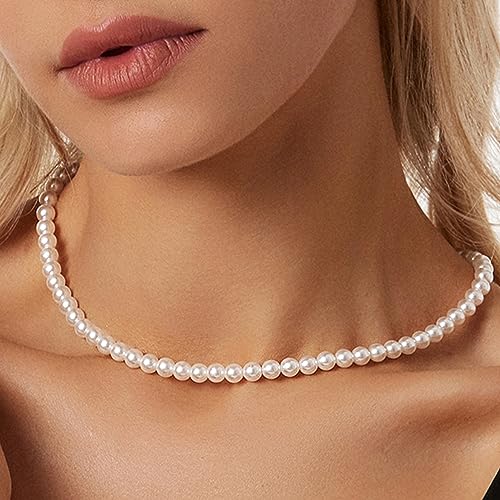 Zeffy Pearl Necklace 4MM/6MM/8MM Dainty Round Imitation Pearl Choker Necklace Wedding Pearl Necklace Delicate Jewelry for Women Simple Bridesmaid Jewelry Gifts - style: Pearl Necklace + Earrings