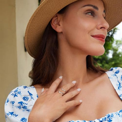 Silver Open Adjustable Stacking Rings for Women, Minimalist Wrap Band Set, Geometric/Heart/Wave/Leaf/Spiral Styles, Hypoallergenic, Gift Box Included, Thumb Ring Option - color: V-shaped Heart