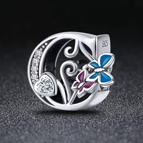 S925 Silver Butterfly Initial Letter Charms Fit for Pandora Charms Bracelets and Necklace Alphabet Bead Charms Jewelry Gifts for Women - color: C