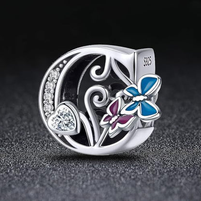 S925 Silver Butterfly Initial Letter Charms Fit for Pandora Charms Bracelets and Necklace Alphabet Bead Charms Jewelry Gifts for Women - color: C