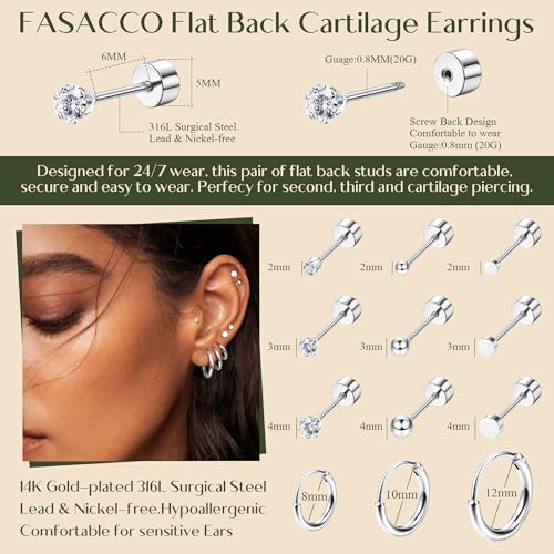 FASACCO Small Tiny Stud Flat Back Earring Hypoallergenic Gold Studs 14K Surgical Steel Earring Sets for Multiple Piercing Cartilage Hoop Earrings - color: silver tone
