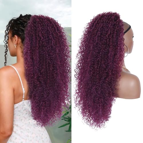 Alebery 27 Inch Drawstring Ponytail Extension for Black Women Deep Curly Ponytail Extension Synthetic Mixed with Human Hair Hairpieces Afro Kinky Curly Pony Tail for Daily Use (Rose Purple) - color: Rose Purple, size: 27 Inch