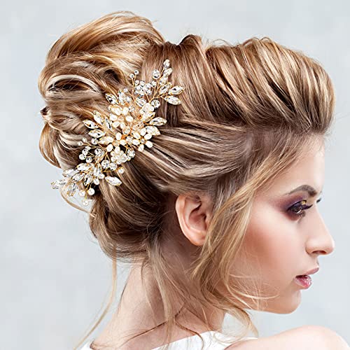 5 Pieces Wedding Hair Comb Bridal Hair Pins Crystal Pearl Hair Accessories Rhinestone Flower Hair Piece for Wedding Bride Women(Gold) - color: Gold