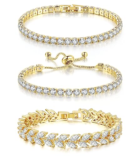 GEMOSA 3 Pcs Tennis Bracelets for Women Silver Gold Bule CZ Braclet Set | Marquise Cubic Zirconia CZ Diamond, Dainty Adjustable Silver Gold Bule Bracelets, for Women Brides, Stackable Fashion Jewelry - color: Gold