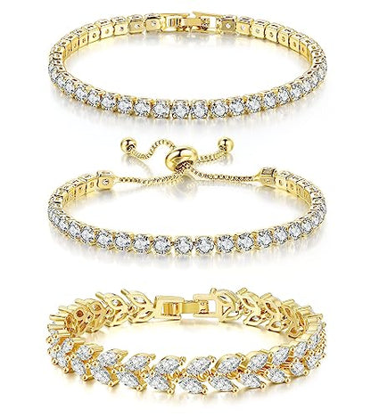 GEMOSA 3 Pcs Tennis Bracelets for Women Silver Gold Bule CZ Braclet Set | Marquise Cubic Zirconia CZ Diamond, Dainty Adjustable Silver Gold Bule Bracelets, for Women Brides, Stackable Fashion Jewelry - color: Gold