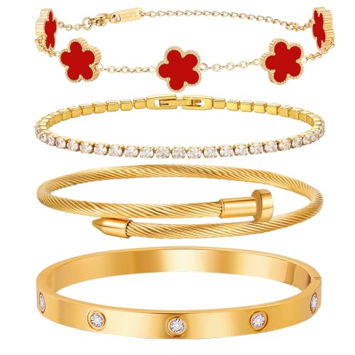 18 K Gold Plated Love Bangle Bracelet Stack for Women,Set of 4 Floral Clover Chain, Tennis Crystal &Gold Stackable Bangle Bracelet -Adjustable Layered Jewelry Gift for Wife Valentines Mother's Day-MVCOLEDY - color: Red