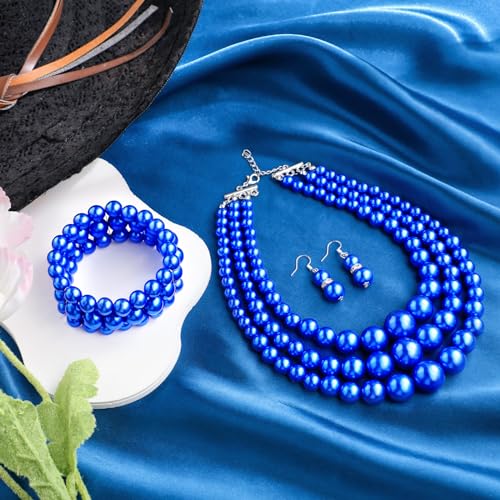 Haysandy Pearl Jewelry Set for Women 20s Jewelry Gift | Retro Layered Necklace Bracelet Earring, Costume Accessories for Derby Wedding Prom Party, Dress Matching Occasions - color: Royal Blue