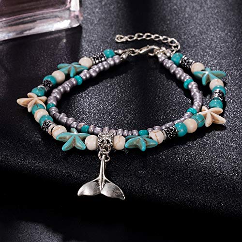 Softones Blue Starfish Turtle Anklet Multilayer Charm Beads Sea Handmade Boho Anklet Foot Jewelry for Women - style: N:Tail