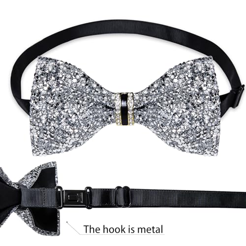 DiBanGu Mens Rhinestone Bow Tie with Ring and Lapel Pin Set | Adjustable Strap,Pre-tied Style,3PCS,Sequin Diamond Bowties，Solid/Mix Color,Shiny Accessory,for Party Prom Banquet Wedding - color: Silver