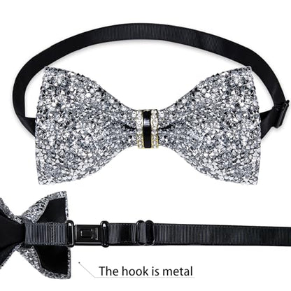 DiBanGu Mens Rhinestone Bow Tie with Ring and Lapel Pin Set | Adjustable Strap,Pre-tied Style,3PCS,Sequin Diamond Bowties，Solid/Mix Color,Shiny Accessory,for Party Prom Banquet Wedding - color: Silver