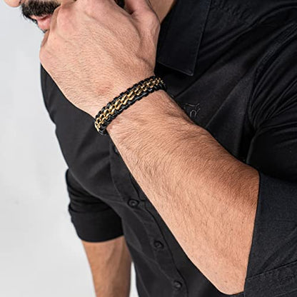 SERASAR | Premium Genuine Leather Bracelet [Steel] for Men in Black | Magnetic Stainless Steel Clasp in Black, Silver and Gold | Exclusive Jewellery Box | Great Gift Idea - color: Gold, size: 17cm
