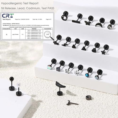 Jstyle 21Pairs Hypoallergenic Flat Back Stud Earrings for Women, Tiny Studs | Surgical Stainless Steel Flatback Earrings, CZ Butterfly Heart Small Stud Earrings Set, Screw Back Cartilage Piercing Jewelry - color: Black