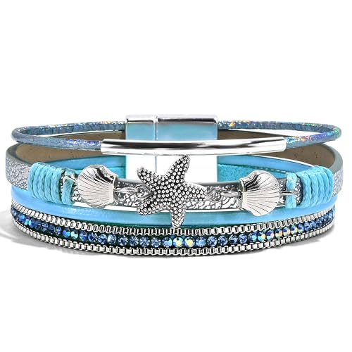 VIBILIA Boho Leather Wrap Bracelets for Women Multi-Layer Bracelets | With Strong Clasp Jewelry for Women - color: 04-ShellStarfish-Blue
