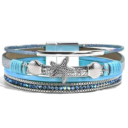 VIBILIA Boho Leather Wrap Bracelets for Women Multi-Layer Bracelets | With Strong Clasp Jewelry for Women - color: 04-ShellStarfish-Blue