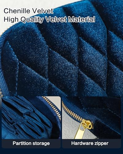 Travel Jewelry Case,Small Travel Jewelry Bag with Zipper, 5-Layer Velvet Organizer Pouch for Bracelet Rings Earrings - Diamond Stitched Velvet Navy Blue - color: NavyBlue