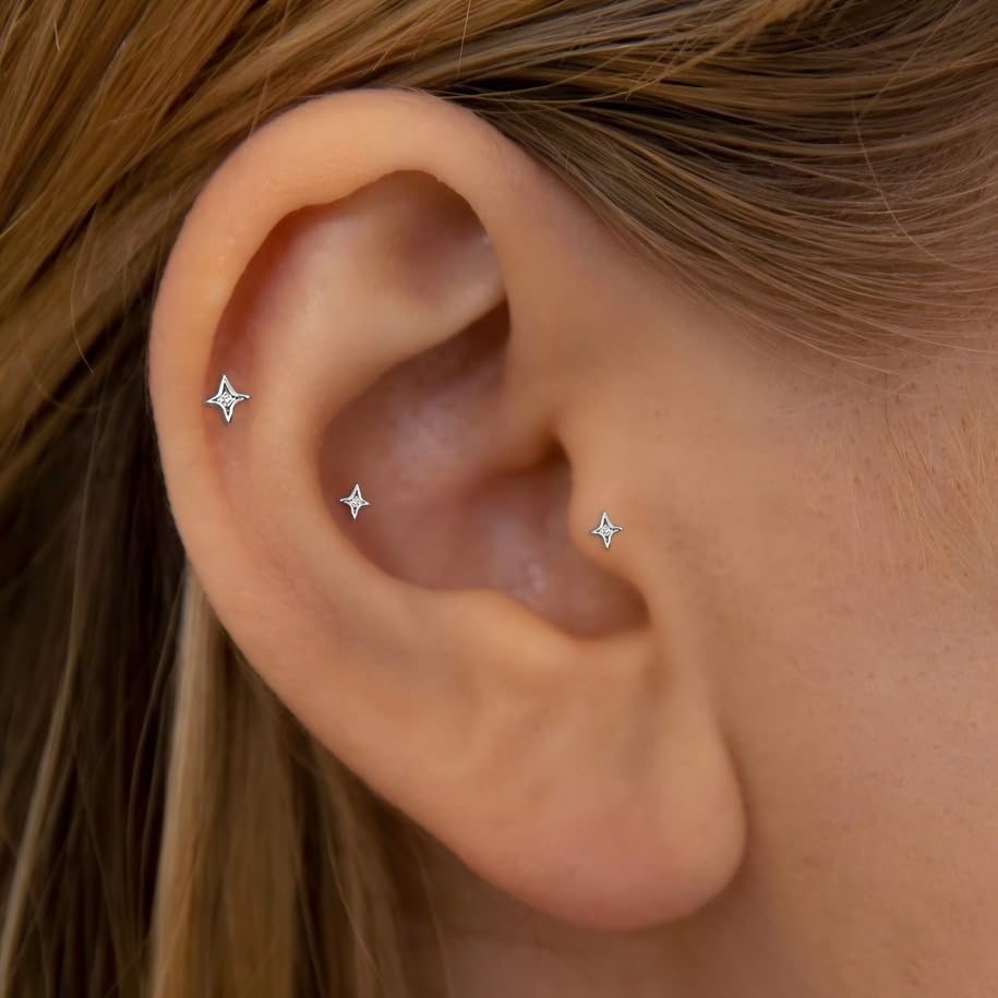 20G/18G/16G Titanium Flat Back Earrings, Threadless Nose Stud Tiny Stud Earrings, Cartilage Tragus Piercing Jewelry Conch Helix Stud - color: CZ Star (silver 3pcs), size: 18ga(1.0mm)