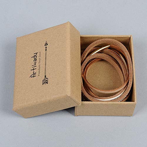Artilady Leather Wrap Bracelet for Women, Pearl Beaded Bangle Stack Jewelry | Easy on-off, Elegant Handmade Multi-Layered, Daily Casual Date Beach Vacation, Gift for Ladies, Mother, Sister & Friend - style: Light Brown with Gold bar