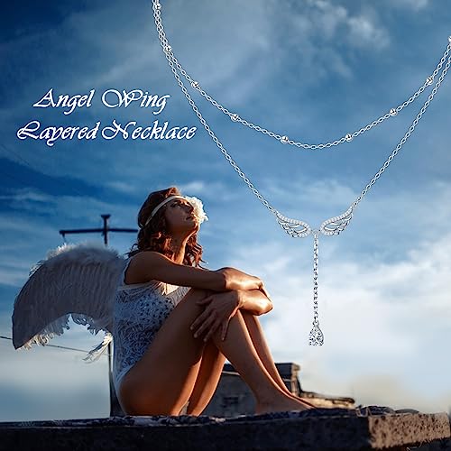 FLYOW Layered Necklace S925 Sterling Silver Y Shaped Jewelry - style: Angel Wings Style