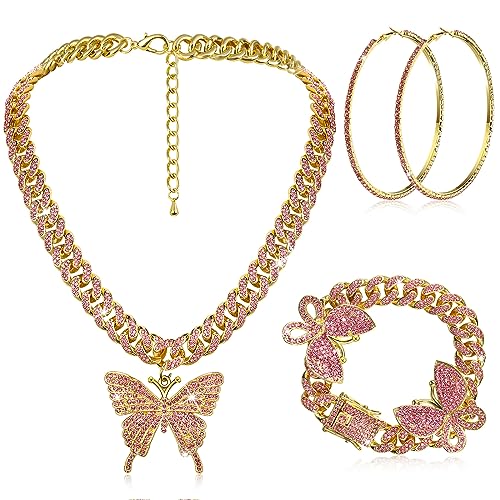 3 Pcs Butterfly Cuban Jewelry Set Cuban Link Chain Necklace for Women Rhinestone Pendant Necklace Bracelet Large Hoop - color: Pink, Gold, style: Classic