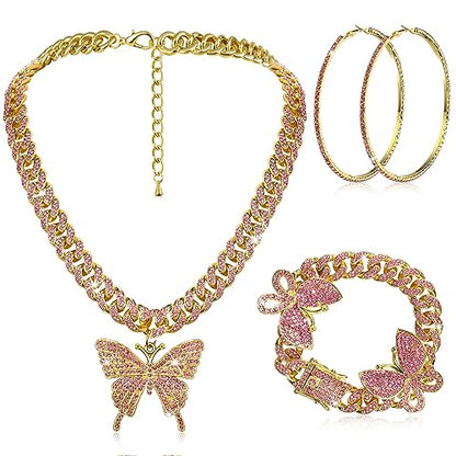 3 Pcs Butterfly Cuban Jewelry Set Cuban Link Chain Necklace for Women Rhinestone Pendant Necklace Bracelet Large Hoop - color: Pink, Gold, style: Classic
