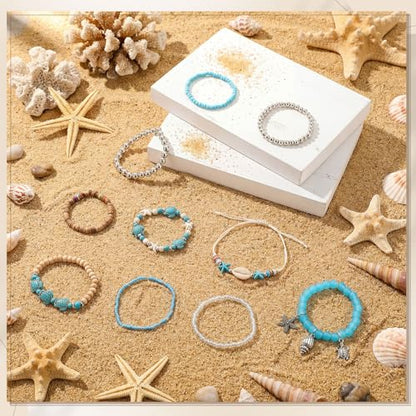 Nosiny 10 Pcs Sea Turtle Bracelet for Women Bahamas Souvenirs Beach Bead Ankle Bracelet Include Starfish Shell Waterproof Handmade Boho Summer Coastal Ocean Jewelry Adjustable Beachy Accessory Gift