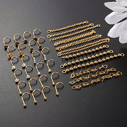 20G Stainlesss Steel Nose Rings Stud Nose Chain Piercing Across Double Nose Stud Womens Nostril Piercing Jewelry - color: Screw Shaped Gold